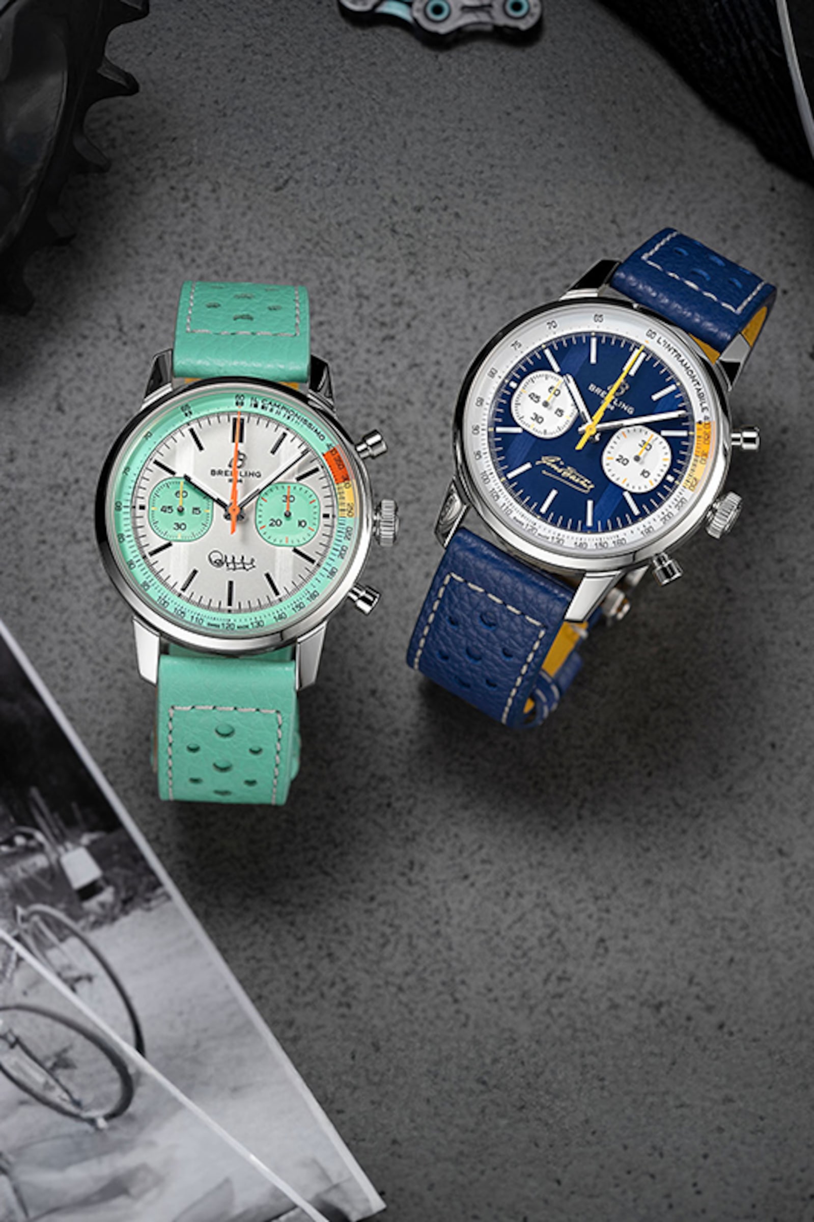 Three Top Time watches with different colored dials and straps on a shiny background.