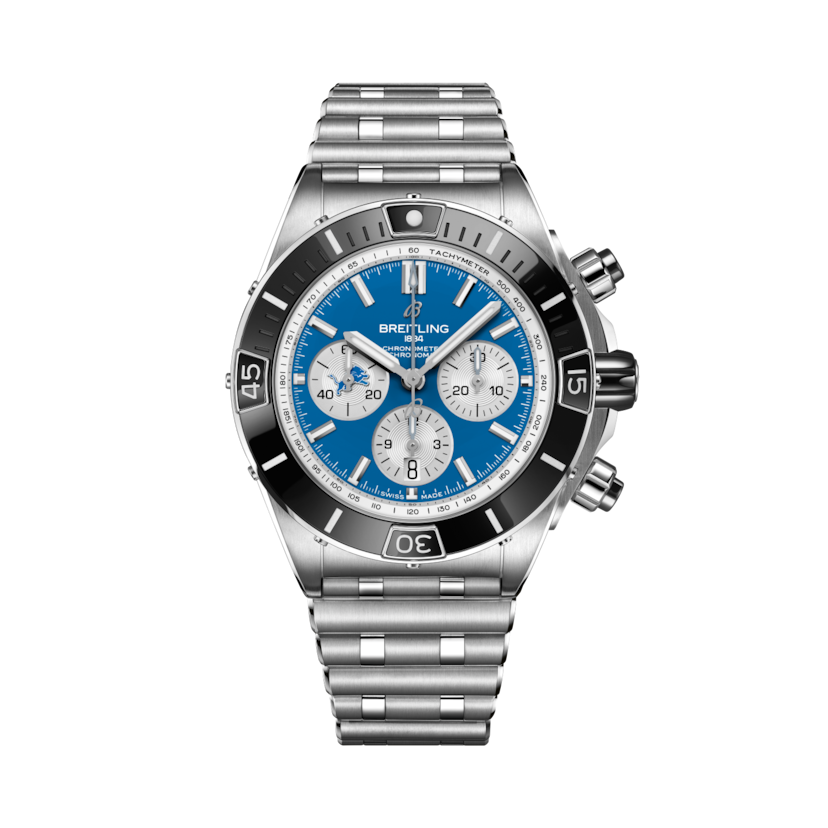 Super Chronomat B01 Chronograph 44 NFL Detroit Lions Edition, reference AB01361C1C2A1. Link to product details.