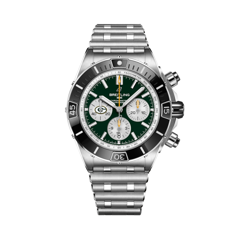 Super Chronomat B01 Chronograph 44 NFL Green Bay Packers, reference AB01361C1L1A1. Link to product details.